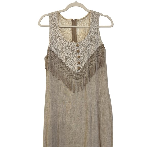 Vintage Western Carmin Lace Fringe Tassel Midi Dress Tan Beige Cowgirl Rodeo - Picture 2 of 7